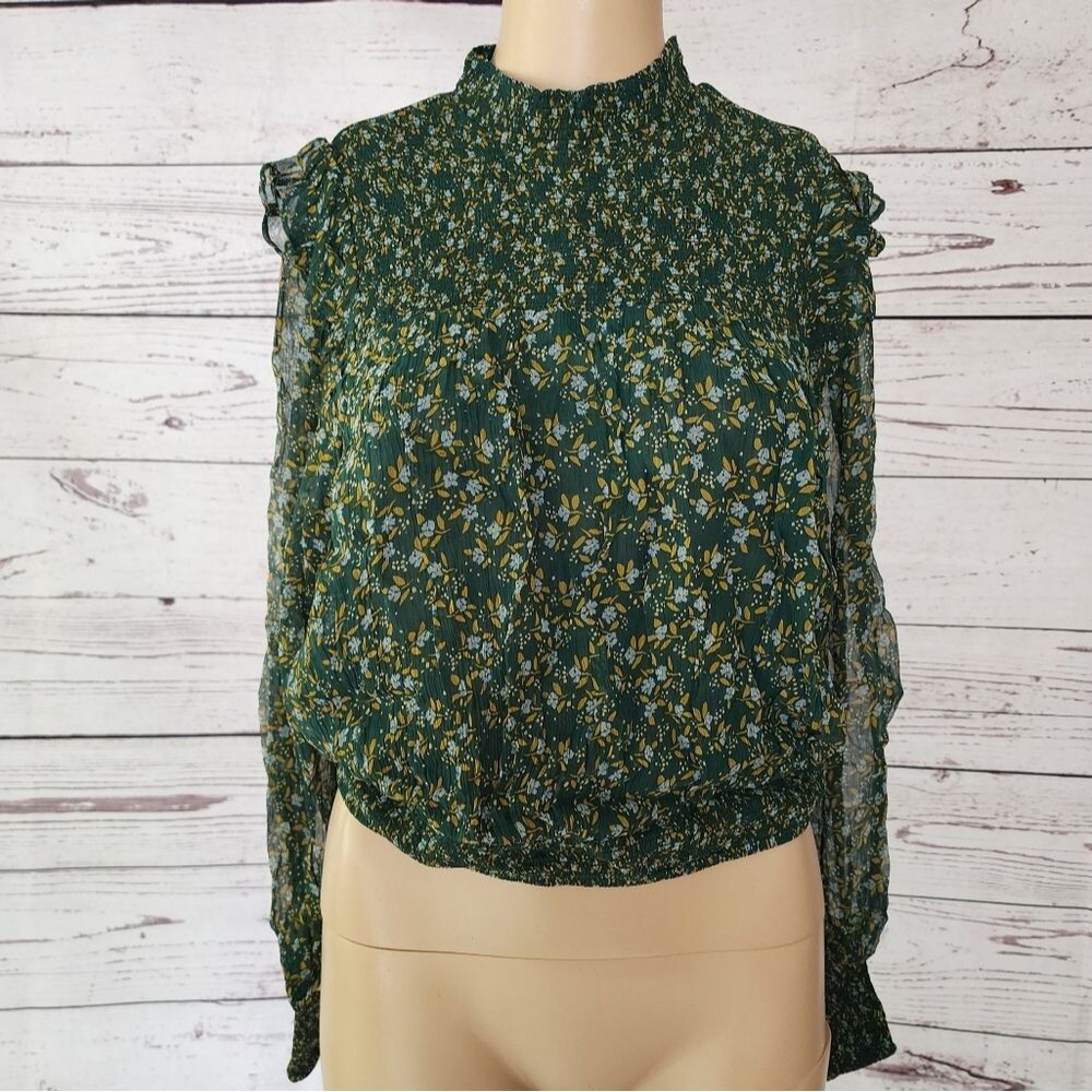 Free People Roma Blouse Forest Green Floral Smocked Top NWT Size XS - Picture 2 of 10